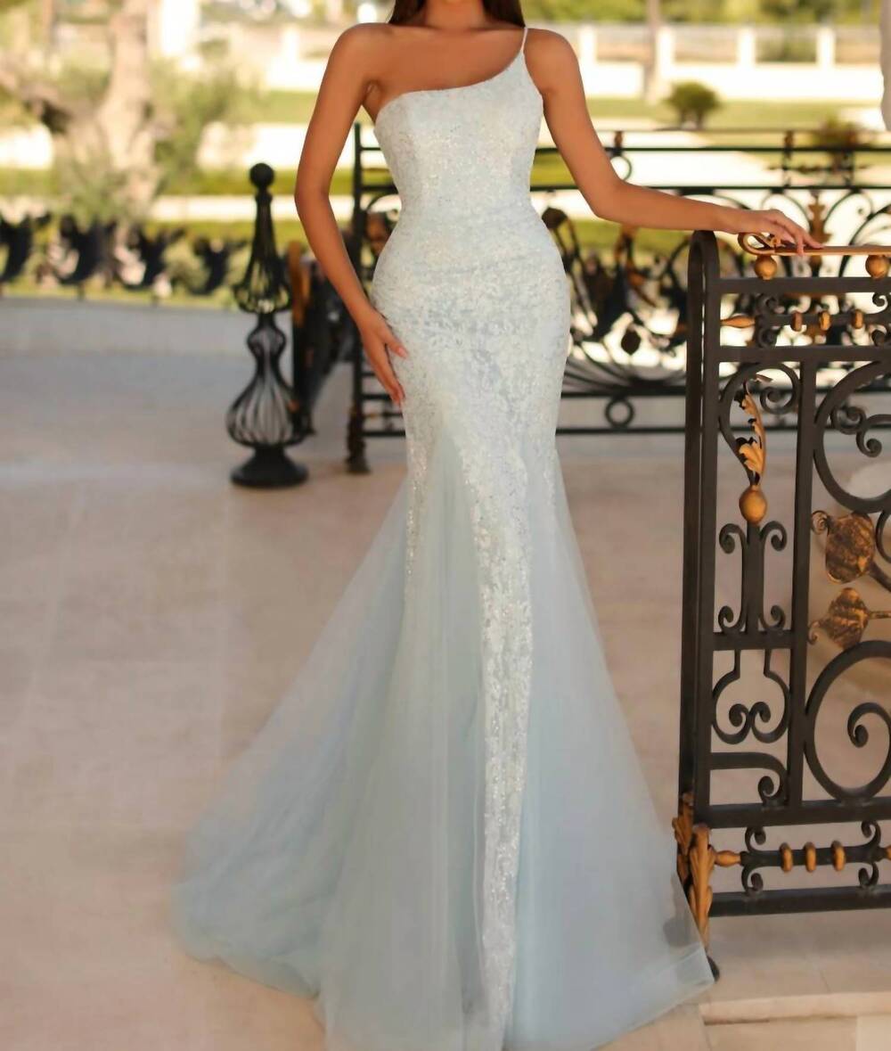 NEW CLARISSE one shoulder lace prom gown in light blue
